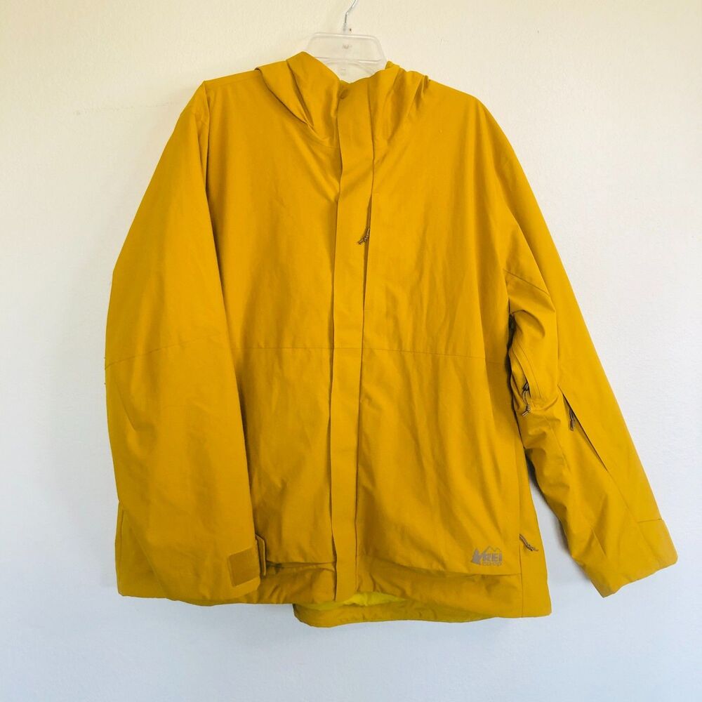 REI Co-Op Rainier Rain Jacket Yellow Peak Waterproof Hooded Shell Size 3XL